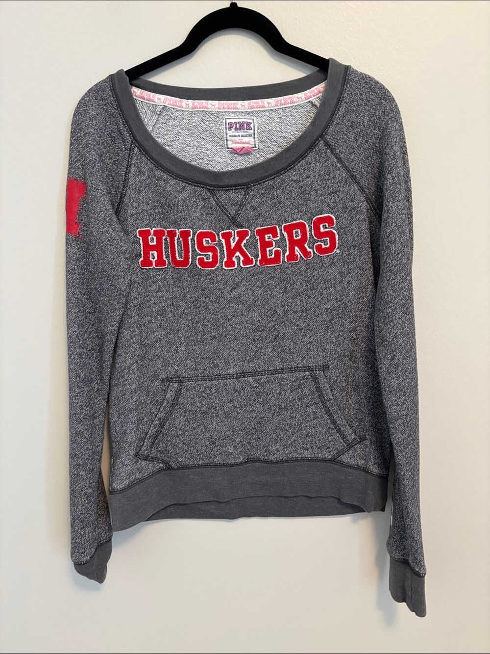 PINK Victoria's Secret Gray Crewneck Sweatshirt with Red HUSKERS Applique